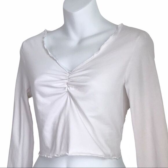 Shein Lettuce Edge Ruched Long Sleeve Baby Tee Crop Top White Large - Picture 5 of 12